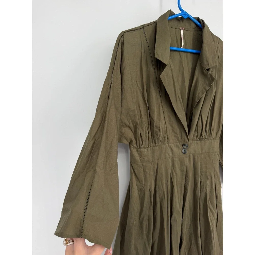Free People Olive Green Cotton Notch Lapel Dolman Pleated Mini Dress XS OB814985
